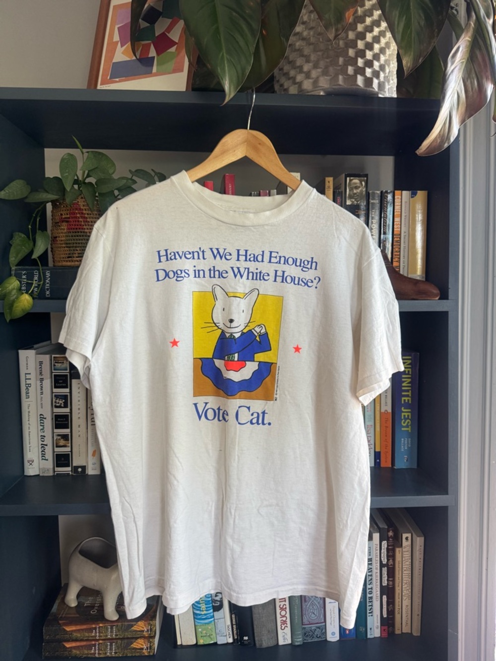 Delta White Vote Cat Graphic Tee with Yellow & Blue Art